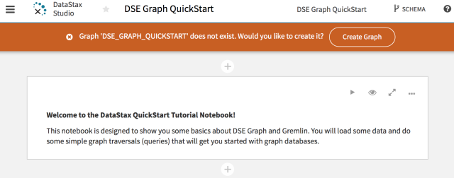 The quick start tutorial notebook is a combination of textual descriptions and executable Gremlin code. Before you can actually run the code snippets, you need to click the "Create Graph" button in orange above. This creates the Cassandra keyspace and data/metadata tables for your tutorial graph.