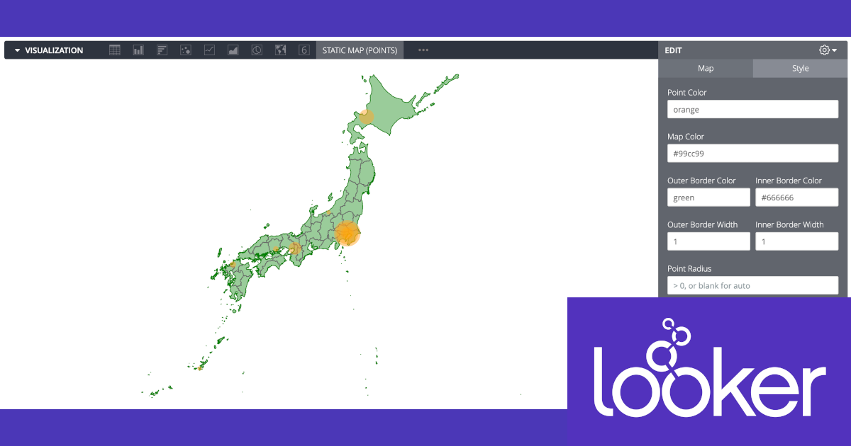 Lookerの可視化(Vizualization)で何が出来るか確認してみる – 静的マップ：ポイント(Static Map(Point))編 #looker