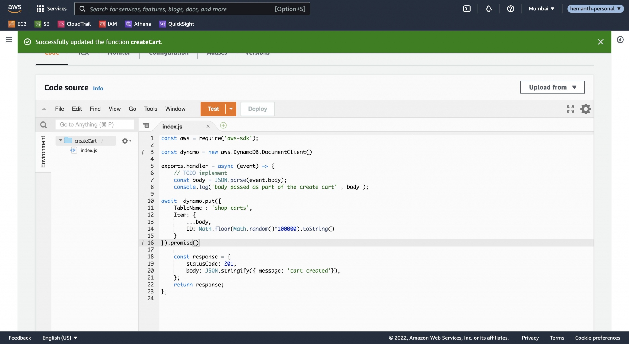 Creating an Shop API of POST cart items into DynamoDB via Postman