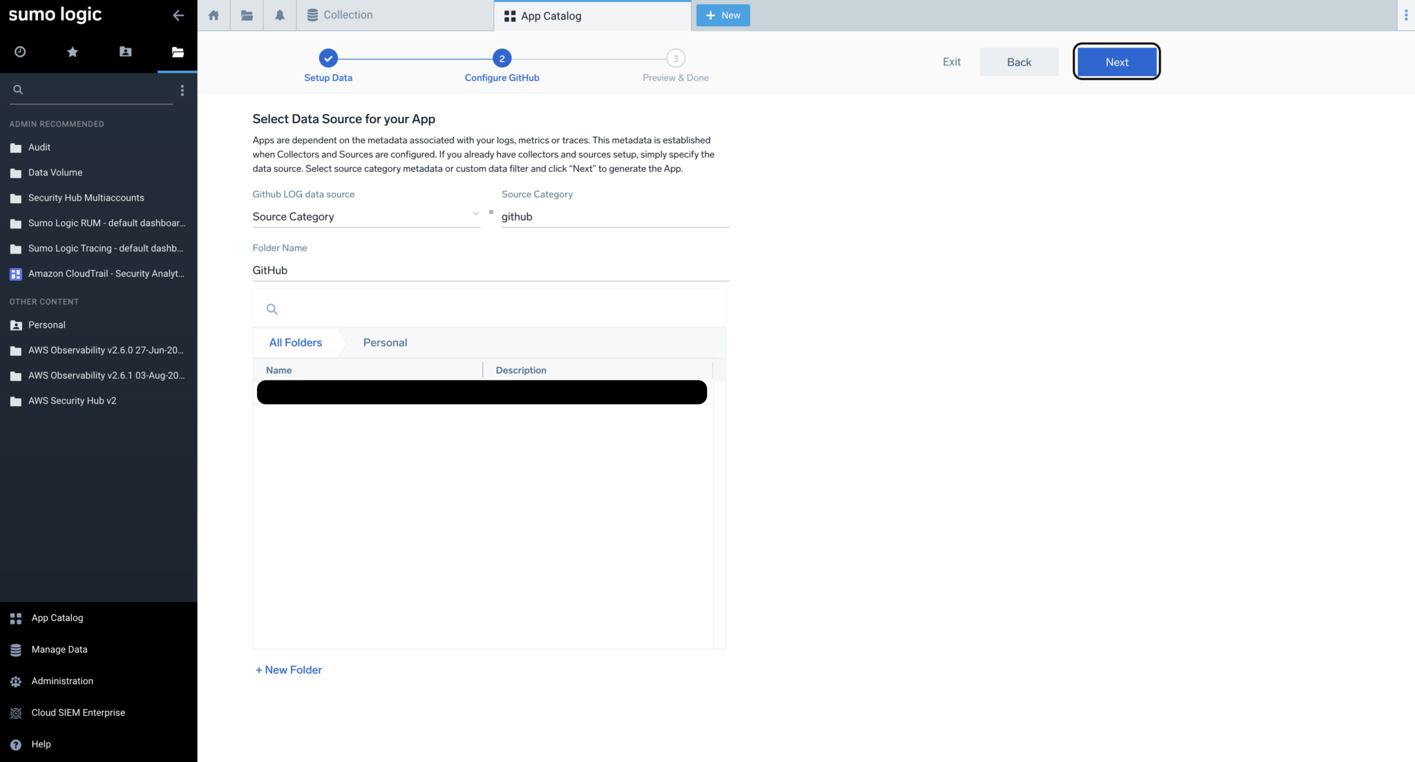 I tried the GitHub App Installation via the Sumo Logic App Catalog for ...